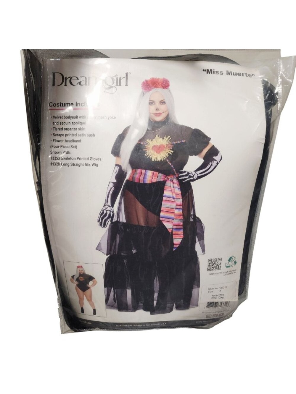 Miss Muerte Plus Size Costume Velvet Bodysuit Tiered Skirt Sash  Headband 1X